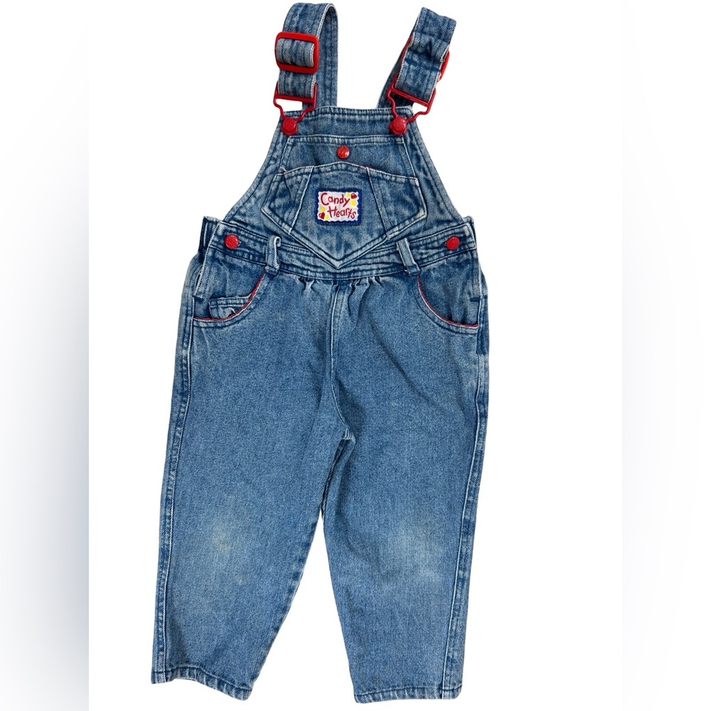 Vintage 90s Candy Hearts Denim Overalls Toddler Girls Size 3T Happy Kids
